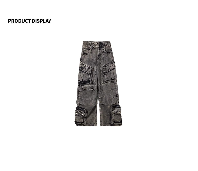 Vêtements pour hommes, style rétro, délavé, poches, décontracté, salopette, design droit, jambe large, jeans superposés_voghion.com