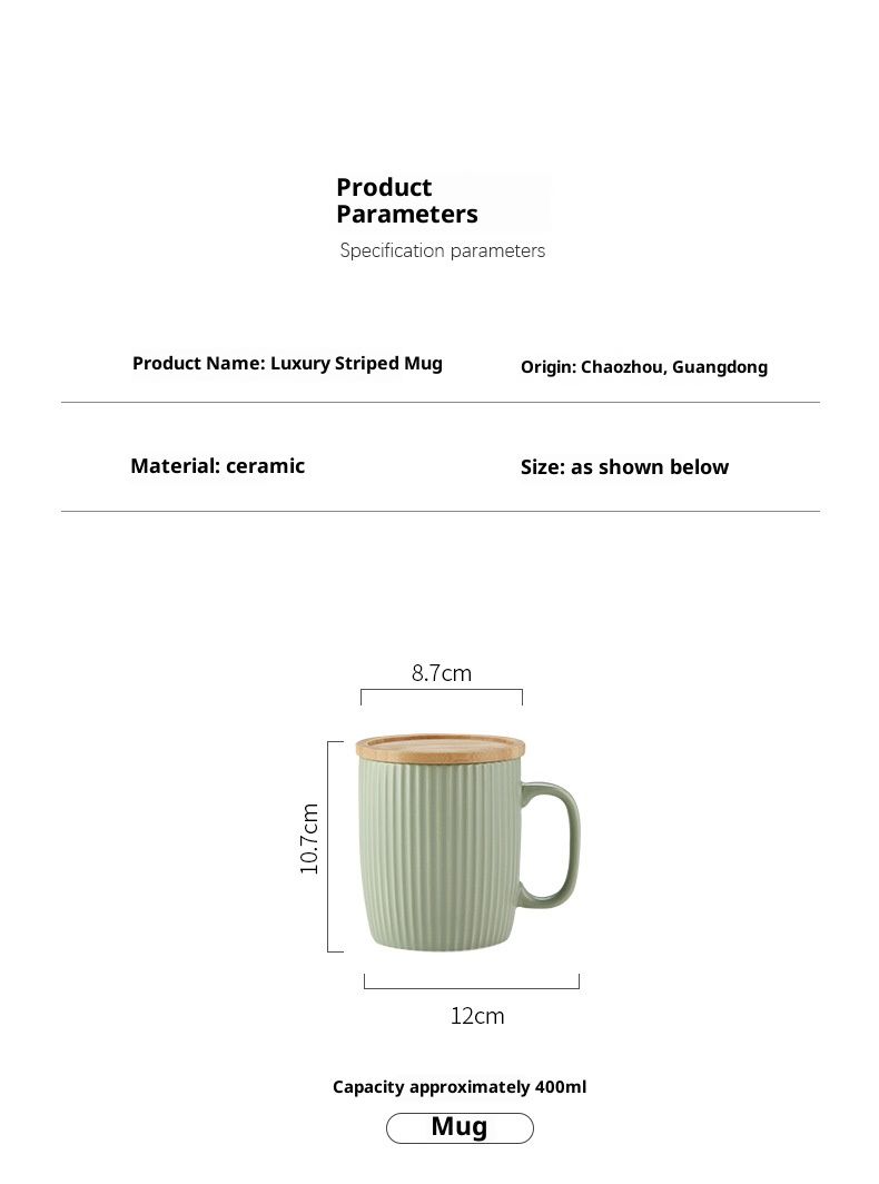 Handcrafted Glazed Ceramic Mug With Vertical Lines - 400ml Elegant Coffee Cup For Home & Office, Comes With Lid_voghion.com