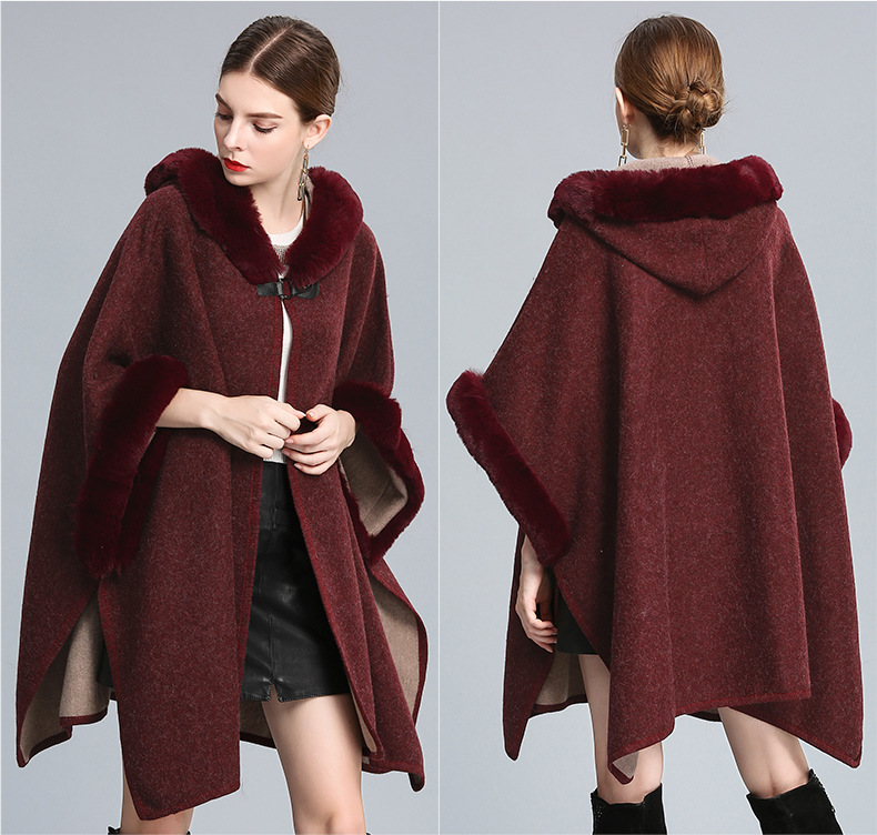 Women's imitation Rex rabbit collar hooded shawl cape large size woolen coat loose cardigan_voghion.com