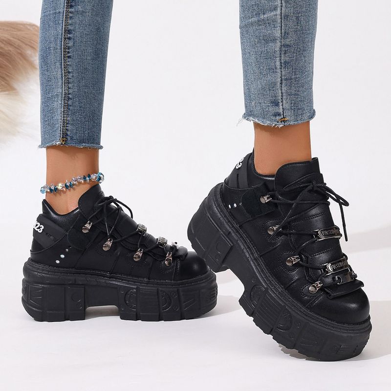 Scarpe stringate alte con plateau spesso da donna - Stivali alla moda in pelle PU con punta tonda, dettagli in metallo e suola in gomma spessa_voghion.com