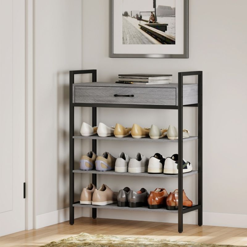 4-stufiges Schuhregal, Flurregal Für Bis Zu 9 Paar Schuhe, Spanplatte, Metall, Grau_voghion.com