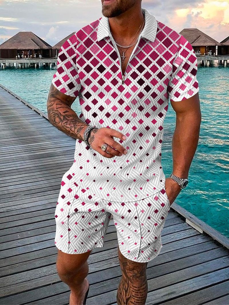 Sommarnya herrset kortärmad pikétröja+shorts Casual sportskjorta_voghion.com