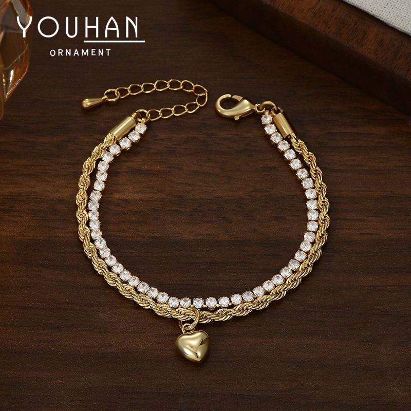 Bracelet cœur haut de gamme pour femme, style Instagram, maille double couche en zircon, collection européenne et américaine 2025._voghion.com