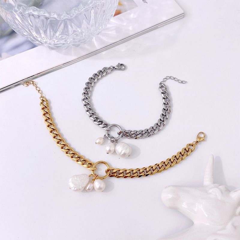 Ensemble de bijoux pour femmes, bijoux tendance en acier titane, style neutre, bague plaquée or, bracelet épais en métal avec perles de forme spéciale_voghion.com