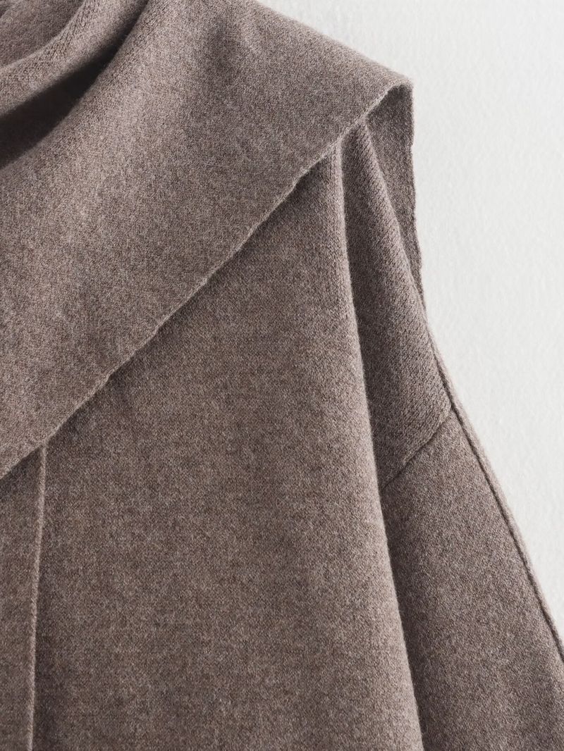 Elegant Asymmetrical Cape Knit Top – Women’s Long-Sleeve Scarf Neck Pullover, Loose Fit Boho Chic (Grey/Brown)_voghion.com