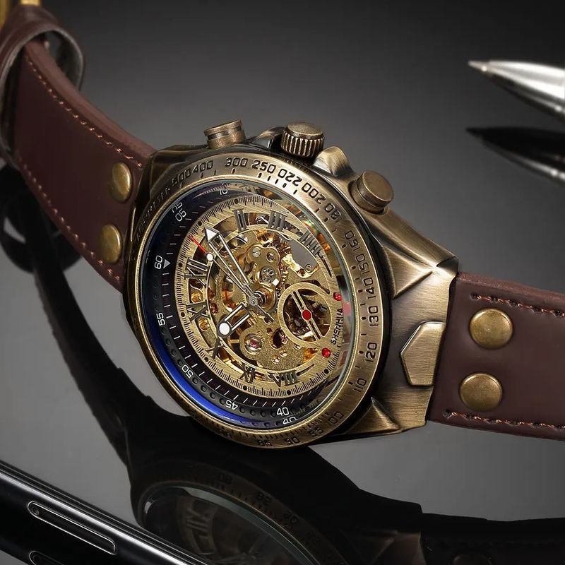 Bronze Retro Skeleton Automatic Mechanical Watch For Men Luminous Hand Brown Genuine Leather Belt Luxury Brand Steampunk Watches_voghion.com