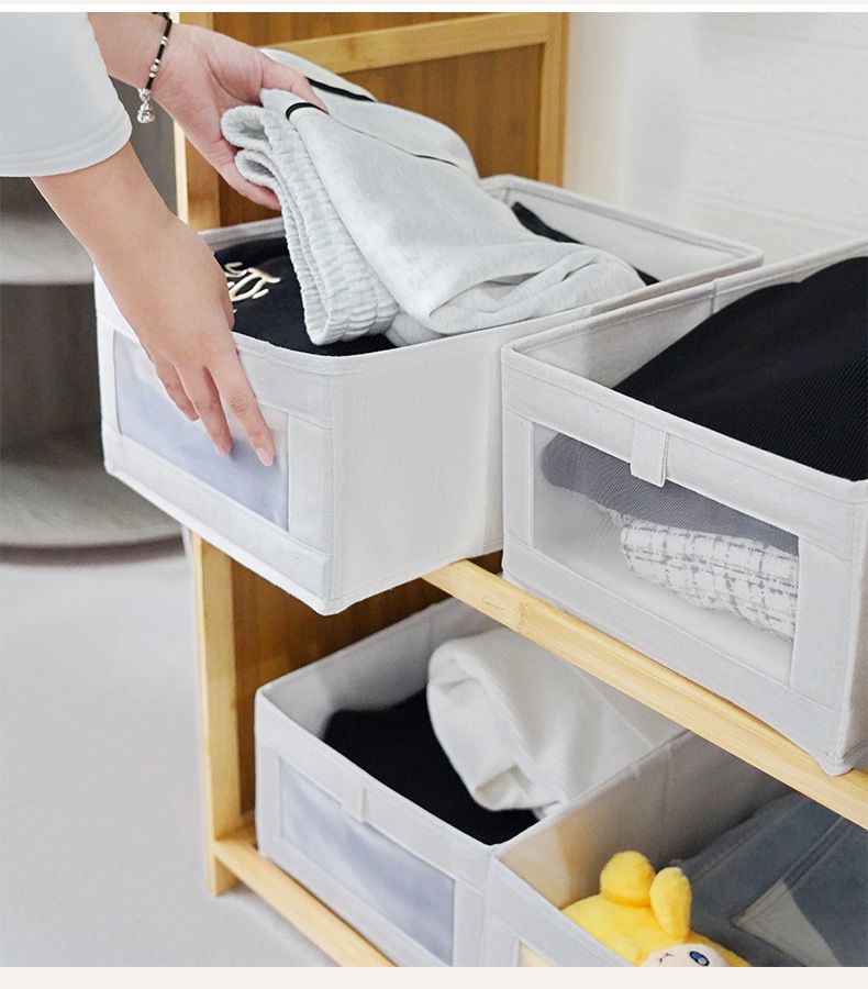 Cotton And Linen Mesh Storage Box With Window Large Household Drawer Style Underwear Storage Basket_voghion.com