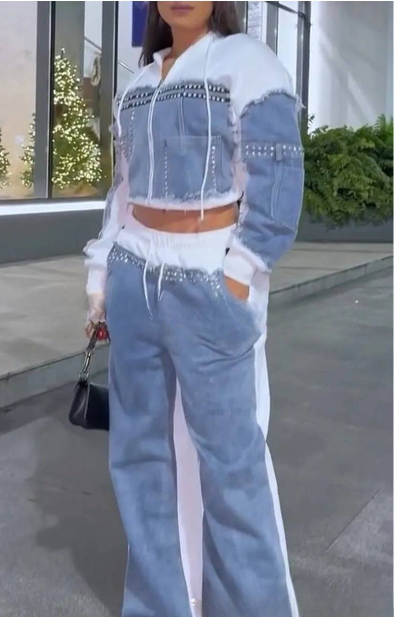 Dametøj Forårsnyt Dame Denim Patchwork Rhinestone Langærmet Buksesæt_voghion.com