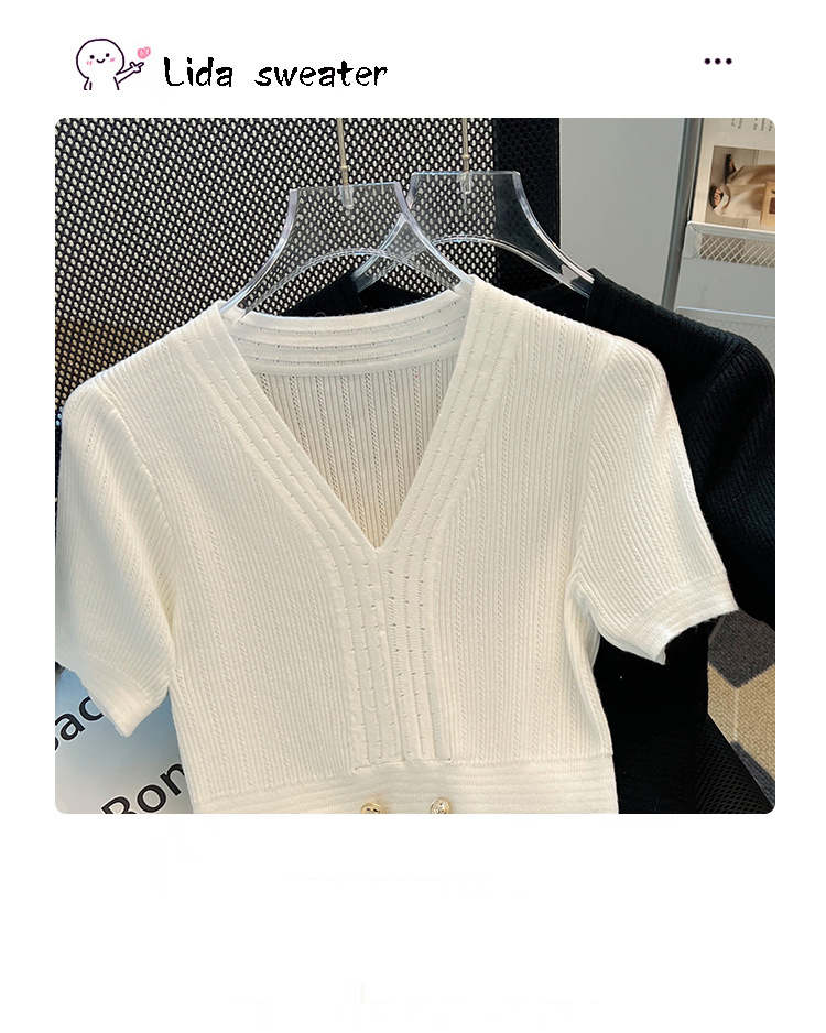 Dameskleding V-hals ijszijde korte mouwen gebreide trui taille slim fit chique top_voghion.com