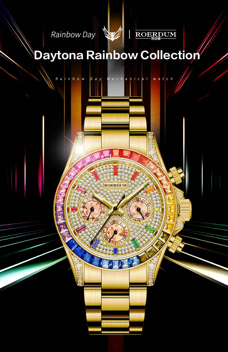 ROERDUM Daytona Rainbow Collection – Goldfarbenes Armband, mehrfarbiges Zifferblatt mit Farbverlauf, hochwertige automatische mechanische Herrenuhr_voghion.com
