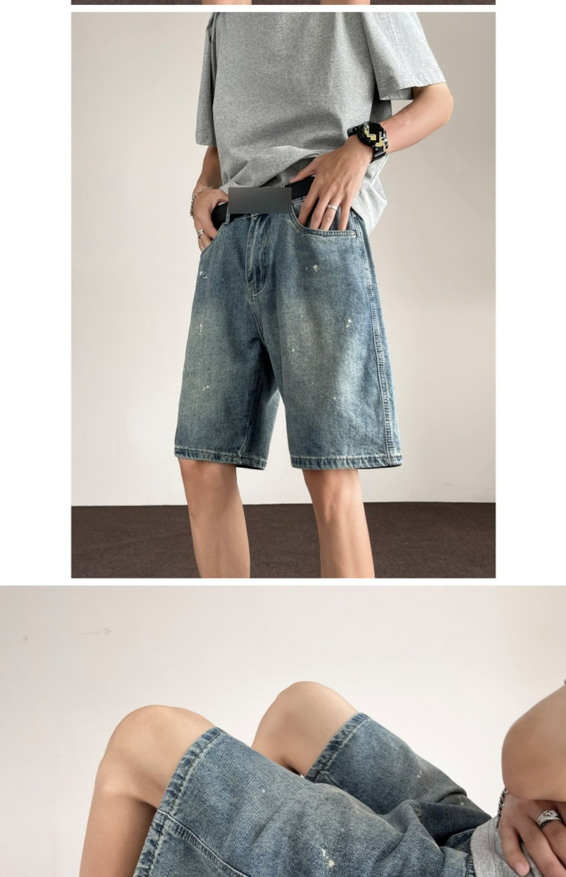Ink Splashed Denim Shorts Men's Retro Street Loose Straight Shorts High Street Trend Solid Color Versatile Casual Shorts_voghion.com
