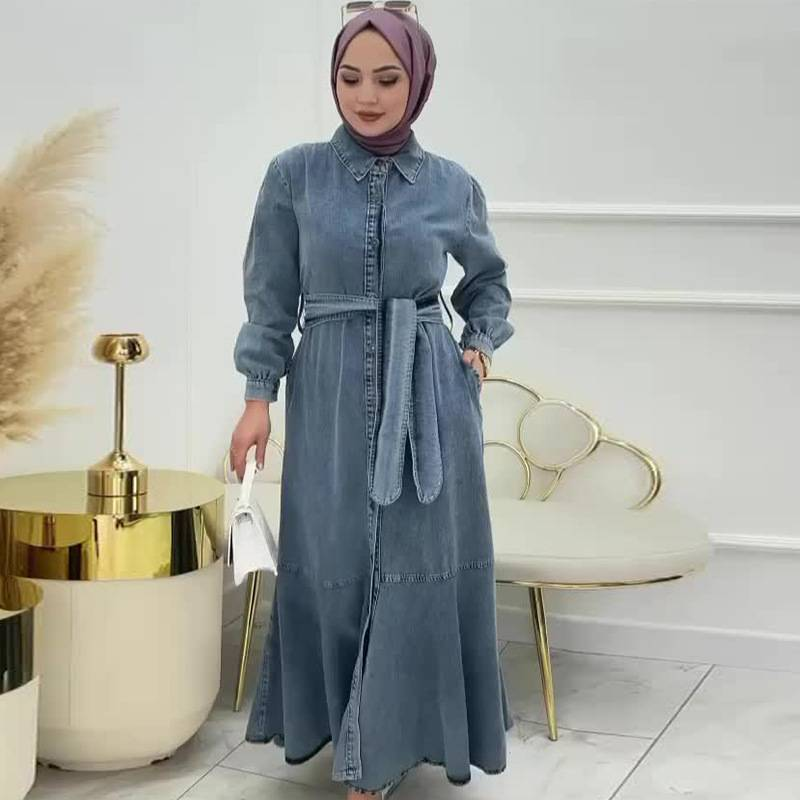 Women's Solid Color Zippered Waist Muslim Denim Dress_voghion.com