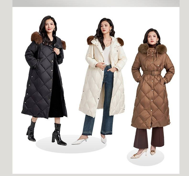 Women's Long Hooded Down Jacket With Fox Fur Trim, Thickened Warm Winter Coat, Windproof Slim Fit Parka, 90% White Duck Down Filling_voghion.com
