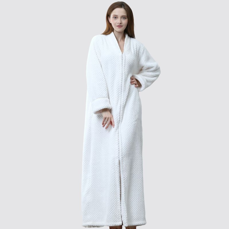 Cozy Fleece Zip-Up Hooded Bathrobe For Women & Men - Winter Long Sleepwear, Soft Flannel Loungewear, Unisex Sizes M-XL, Multiple Colors_voghion.com