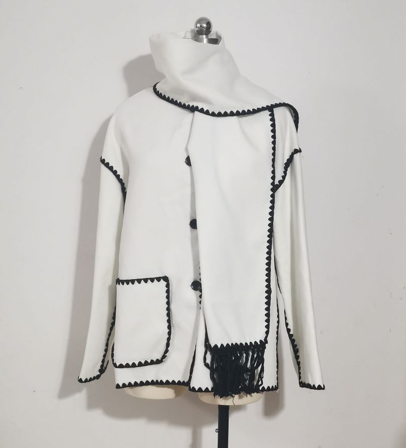 Women’s Fashion Wool-Like Coat – Oversized Tweed Jacket With Scarf & Fringe, Elegant U-Neck, Long Sleeve, Boho Chic_voghion.com