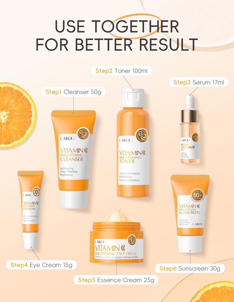 Seturi Produs nou LAIKOU Vitamina C Kit de îngrijire a pielii cu 6 piese Hidratare, hidratare și iluminare a culorii pielii_voghion.com