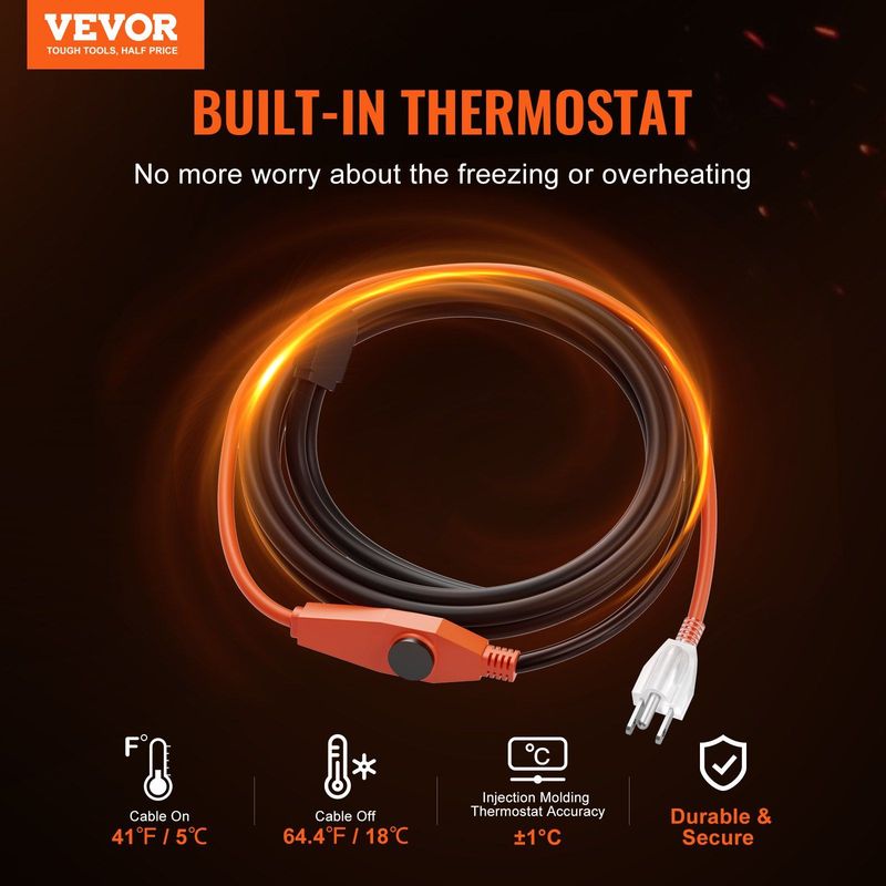 Pipe Heating Cable 6FT 7W/FT Heat Tape For Pipes With Built-in Thermostat_voghion.com