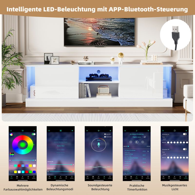 Meuble TV blanc brillant pour téléviseurs jusqu'à 70 pouces, console multimédia sur pied avec éclairage LED, centre de divertissement pour salon_voghion.com