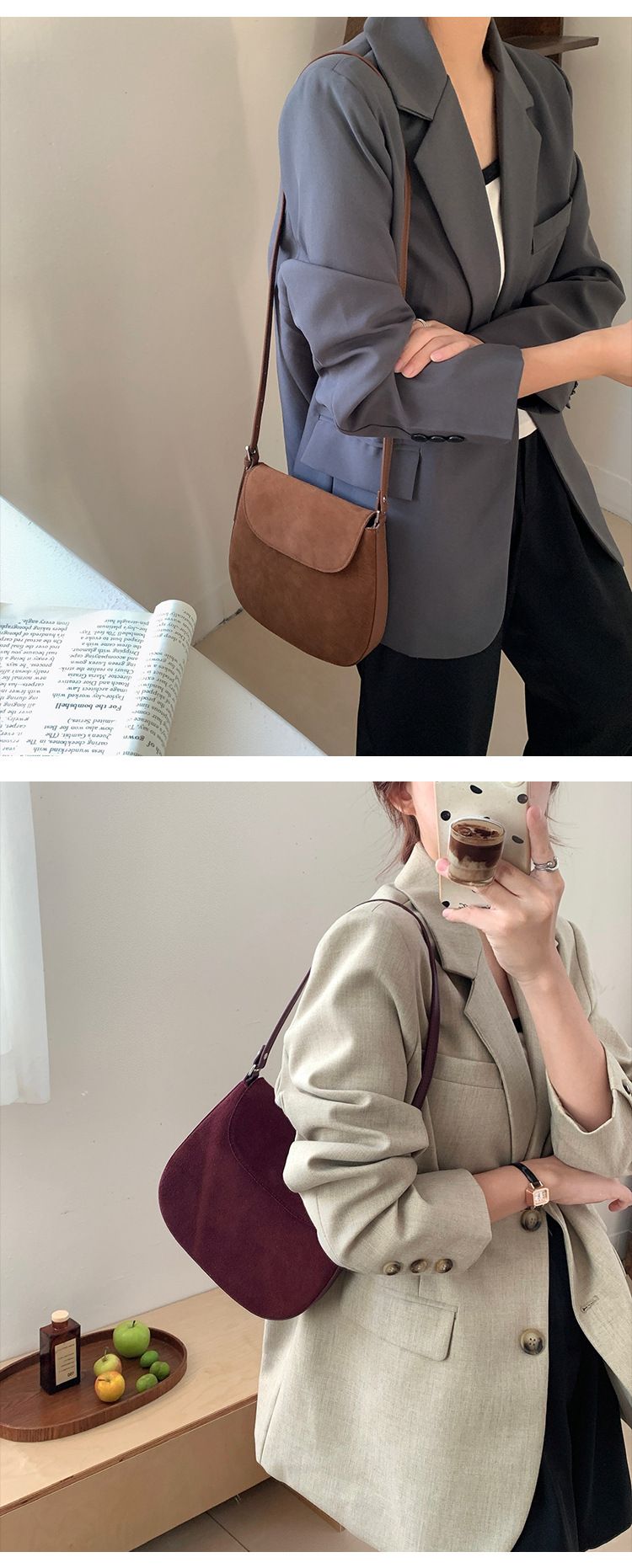 【 Genuine leather women's 】 Suede frosted cowhide saddle with niche design, single shoulder crossbody bag, underarm bag_voghion.com
