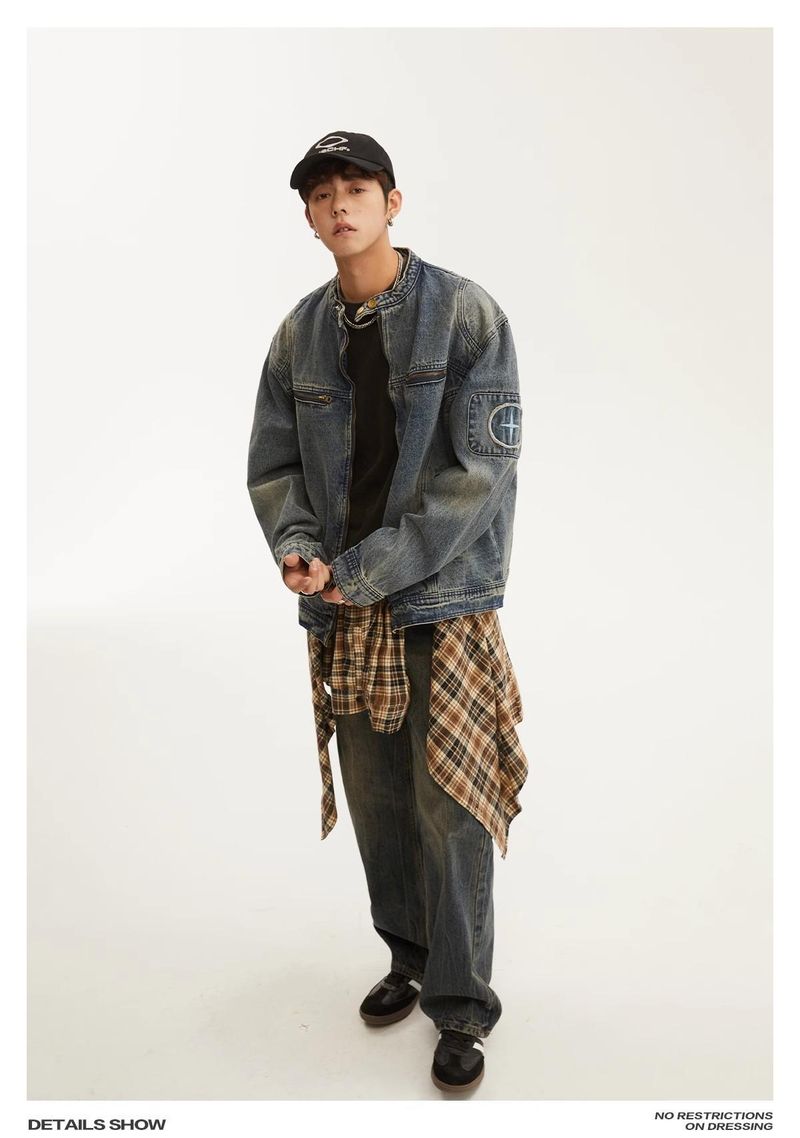 Herrenbekleidung Retro Washed Distressed Jeansjacke Coole lockere lässige Reißverschlussjacke Tops_voghion.com
