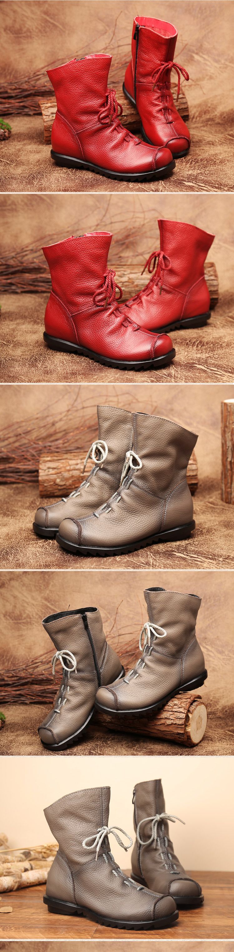 Stivali corti in pelle originali retrò popolari stivali in pelle caldi autunno e inverno Nuovi stivali da donna con tacco basso Stivali Martin da donna in un unico pezzo_voghion.com