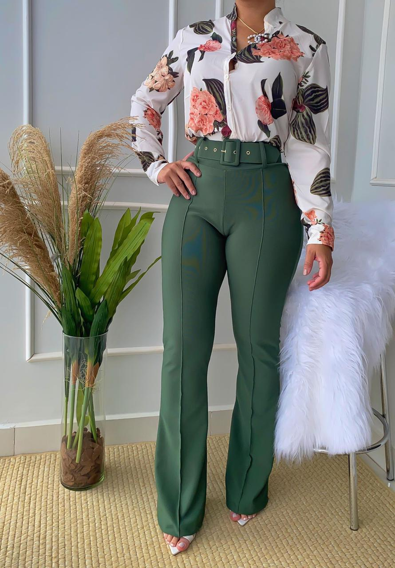 Fraen nei grenziwwerschreidend Casual Kostüm gedréckt Stand-up Kraang Langarm Shirt Top Breet Been Hosen Zwee-Stéck Set_voghion.com