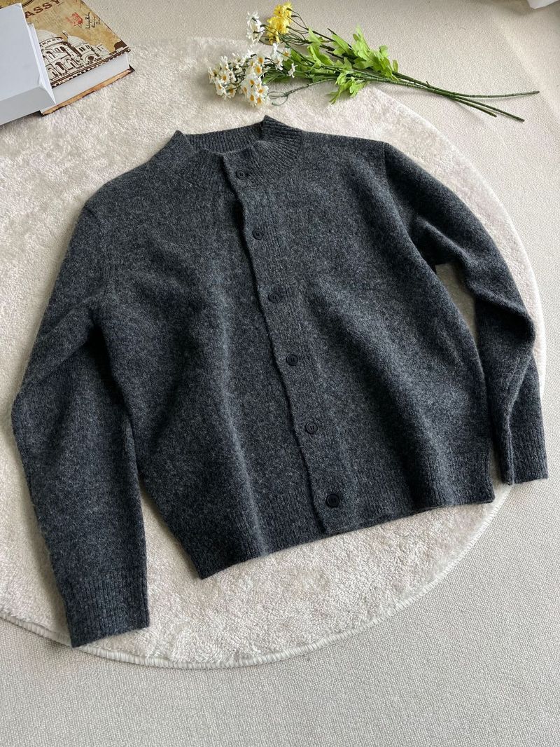 Autumn Winter Floral Wool Blend Half Turtleneck Sweater Unisex Cardigan Old Money Brown Gray Versatile Cleanfit_voghion.com