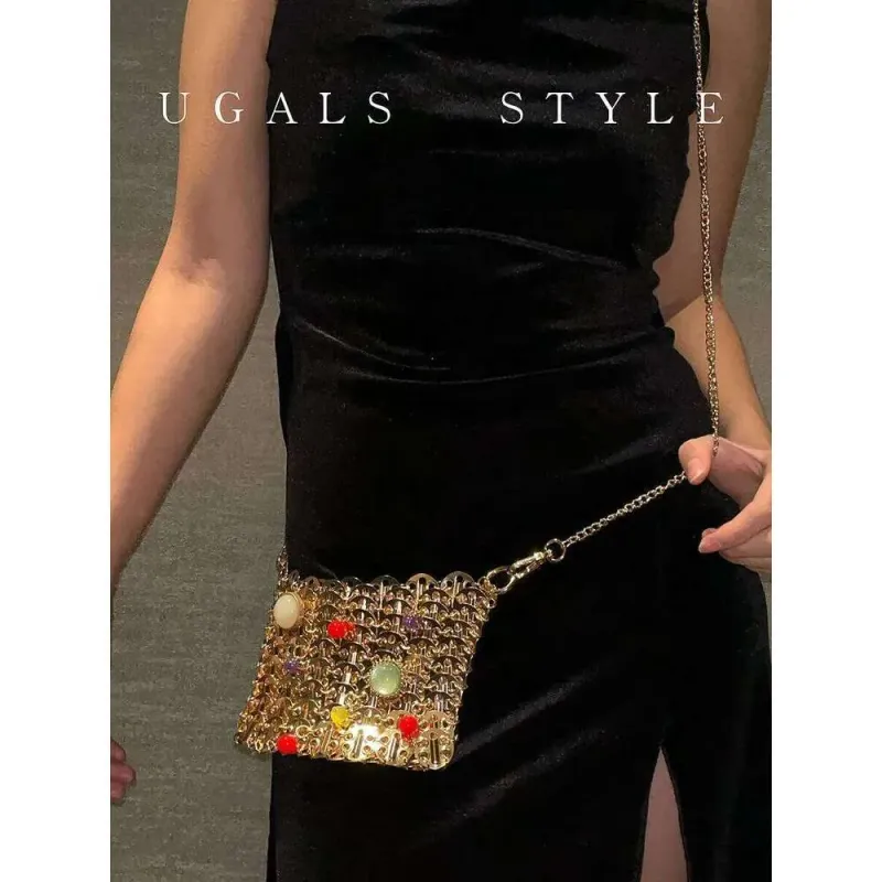 Designer Frauen Metall Pailletten Kette Woven Hohl Abend Taschen Kupplung Weibliche Reise Urlaub Schulter Handtasche Tasche_voghion.com