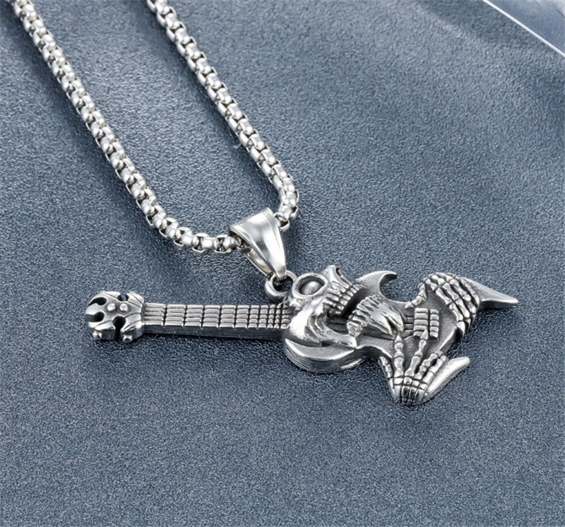 Mode Neue Schädel Rock Gitarre Anhänger Halskette Männer Edelstahl Persönlichkeit Einzigartige Design Halskette Schmuck Party Geschenk_voghion.com