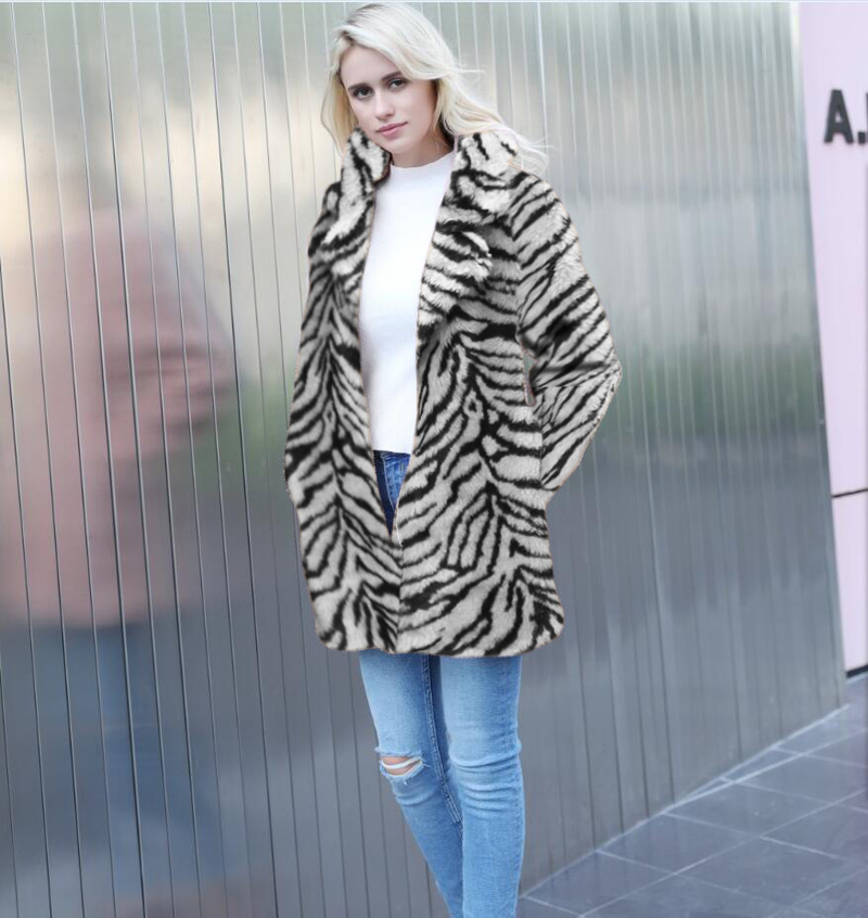 Women's clothing imitation fur imitation fur mid-length suit sexy snow white tiger pattern imitation fur jacket black and white selection_voghion.com