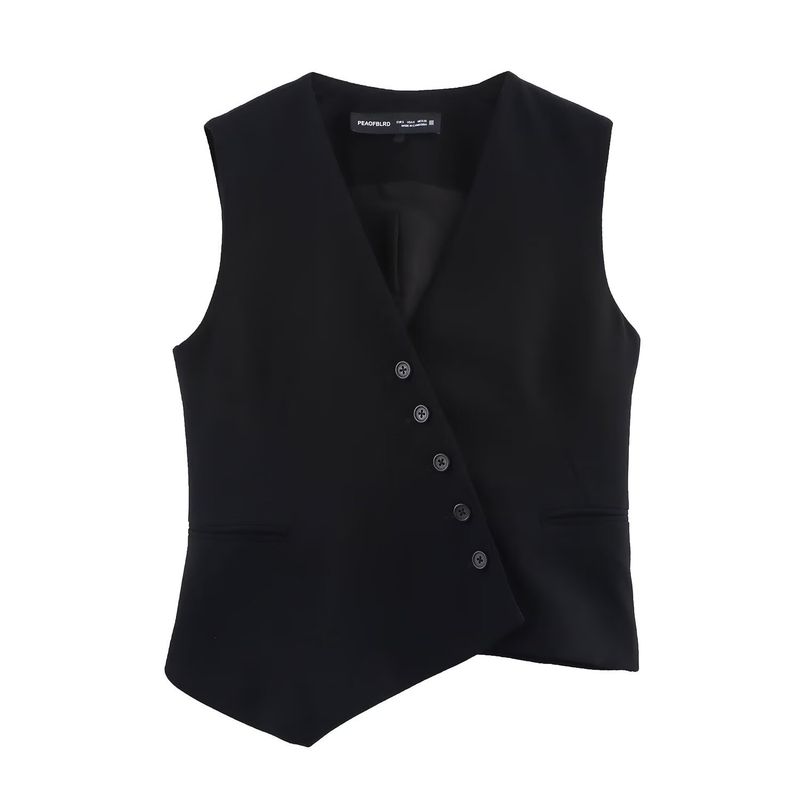 Traje de mujer de moda con chaleco asimétrico sencillo con cuello en V y pantalón ancho plisado._voghion.com