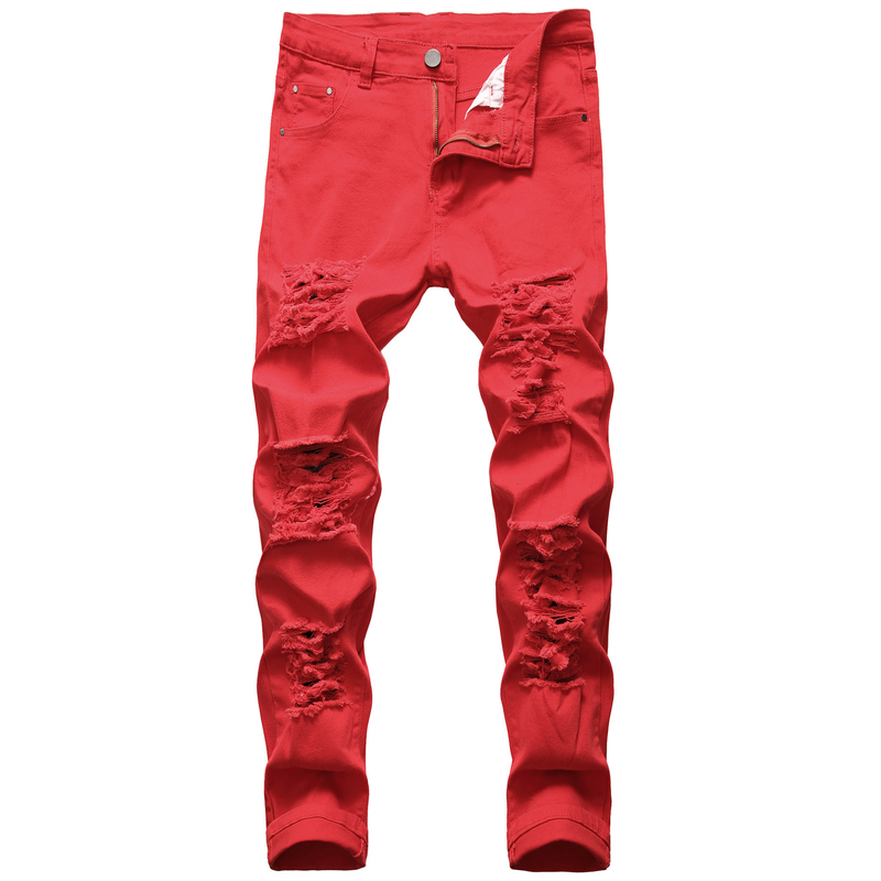 Jeans strappati in stile europeo e americano Jeans elasticizzati alla moda maschile Pantaloni con fori grandi_voghion.com