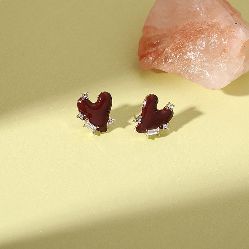Orecchini di garofano di tendenza coreana - Cuore rosso da donna, retrò, cristallo, personalizzati, pesca, orecchini, regali di compleanno,_voghion.com