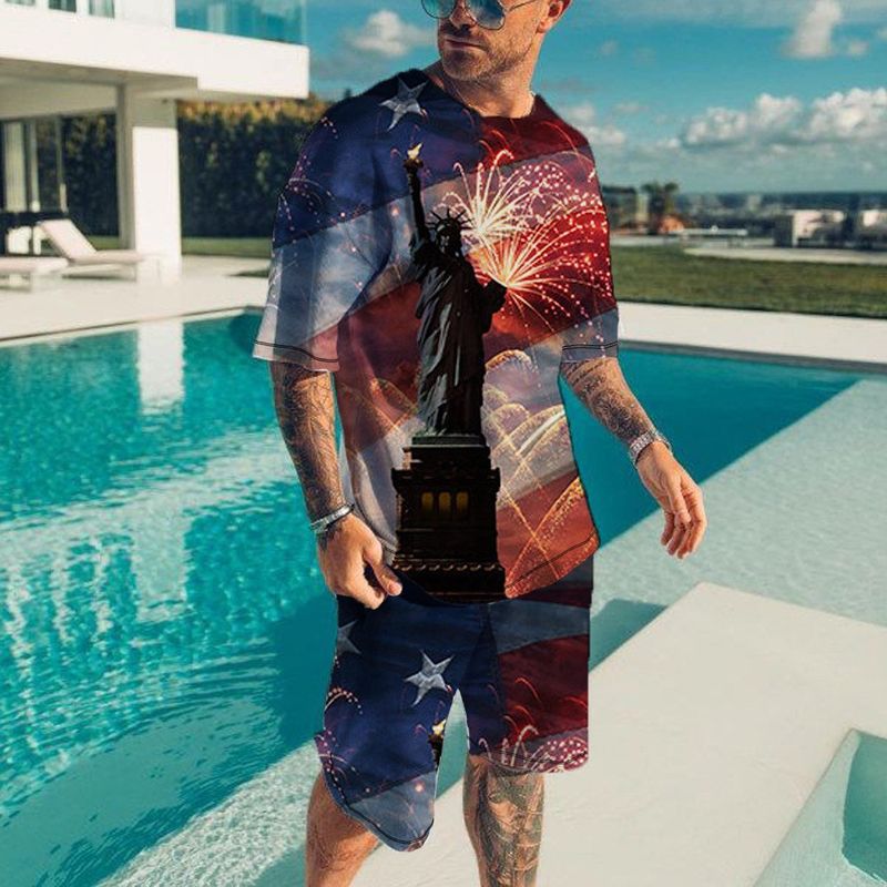 Kurzarm-T-Shirt-Set für Herren mit Rundhalsausschnitt, lässiges T-Shirt und Shorts im 3D-Druck „König der Löwen“-Design, Kordelzug-Shorts, Streetwear
_voghion.com