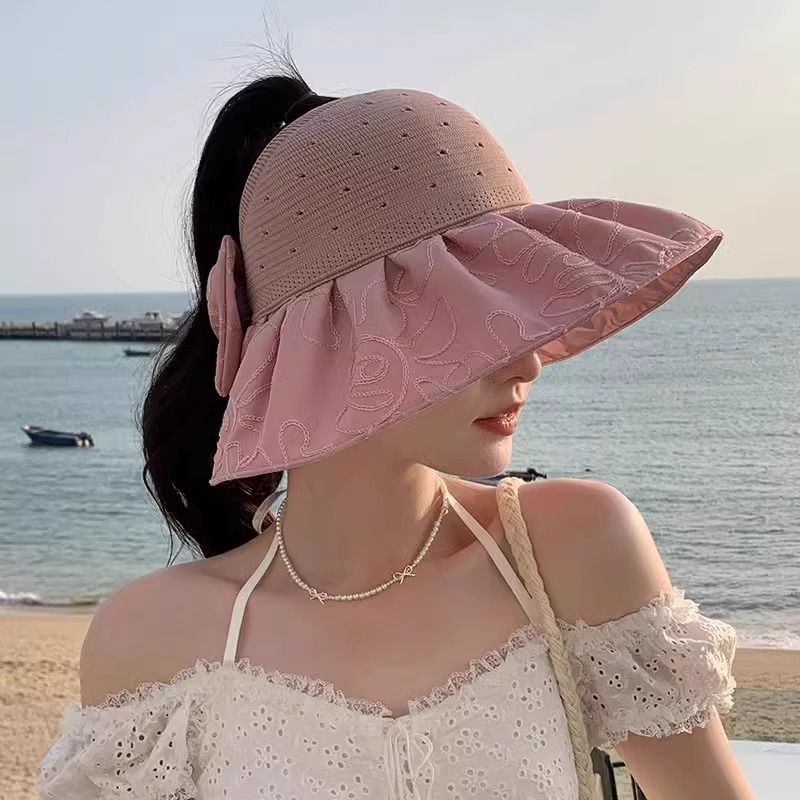 Cappello da sole da donna con protezione UV, per le vacanze al mare, con possibilità di annodare la coda di cavallo, cappello a cilindro vuoto, versatile cappello da sole con tesa larga_voghion.com