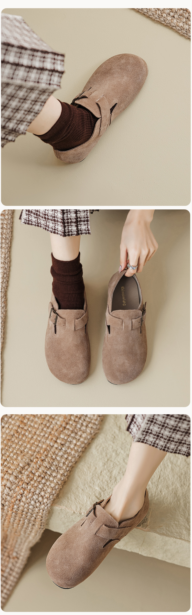 2024 neue Damen-Winter-Outwear aus echtem Leder mit Plüschschuhen, flacher Sohle, One Step Milard Retro-Bucken-Einzelschuhe mit weicher Sohle_voghion.com