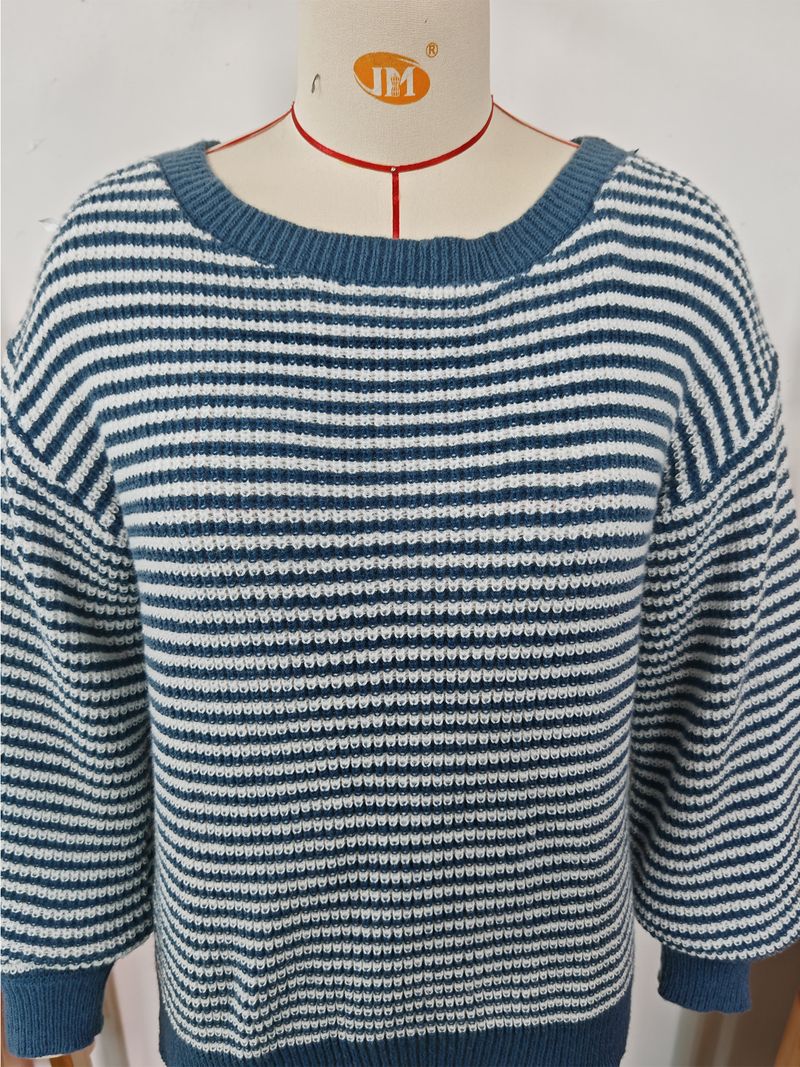 Maglione da donna in maglia con spalle scoperte, righe a blocchi di colore e maniche a lanterna – Vestibilità comoda e ampia per autunno e inverno_voghion.com