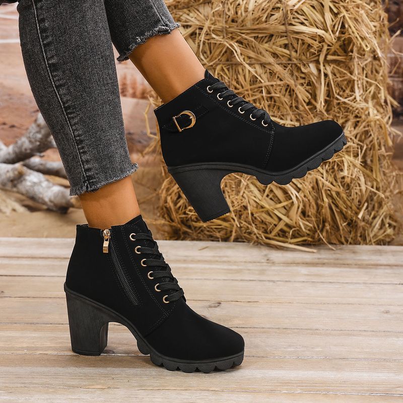 Autumn New Coarse High Heel Casual Women s Belt Buckle Decorative Short Round Head Martin Boots_voghion.com