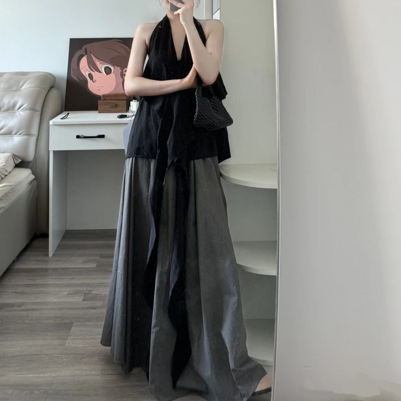 New French Style Halter Neck Ribbon Vest Top Women's Summer Slimming Long Skirt Two-Piece Set_voghion.com