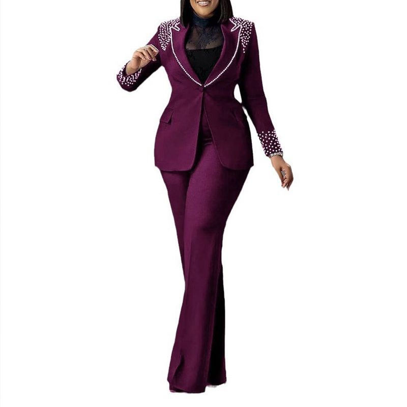 Traje de dos piezas ajustado de manga larga con perlas para mujer_voghion.com