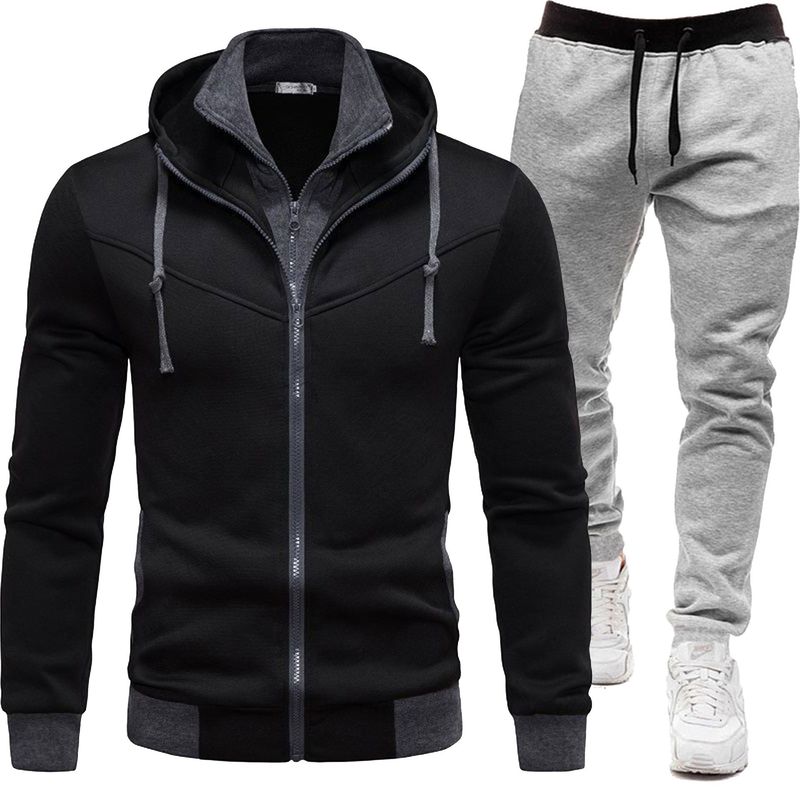 2024 new autumn and winter patchwork jacket, casual long sleeved pants, hooded sports men's set, two-piece set_voghion.com