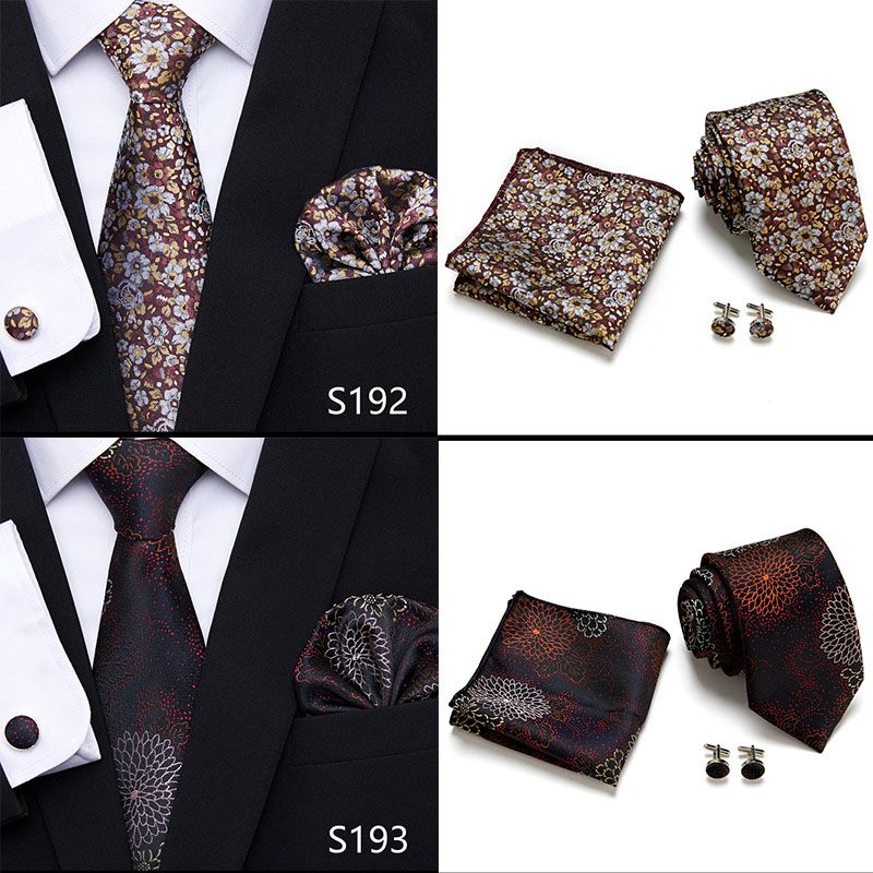Jacquard Nuovo Design Festivo Regalo Cravatta Fazzoletto Gemelli Set Cravatta Uomo Plaid Camicia Gialla Accessori_voghion.com
