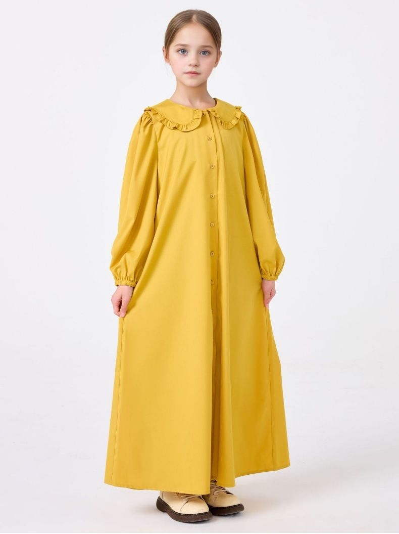 Moeder & Kinderen Midden-Oosterse Meisjes Abaya Effen Kleur Pop Kraag Knoop Jurk Losse Lange Rok Jas Robe_voghion.com