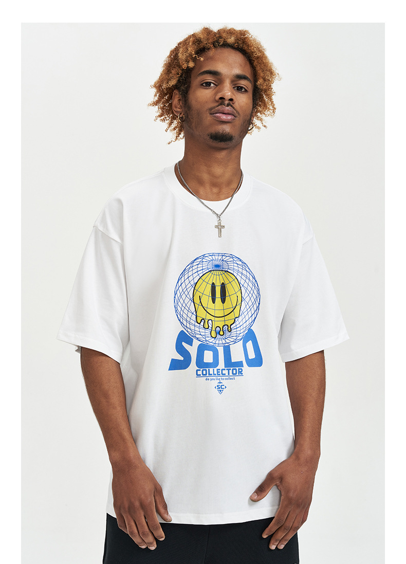 Amerikansk Smiling Face rund halsad kortärmad herr-T-shirt i bomull med tryck i sommarstil_voghion.com