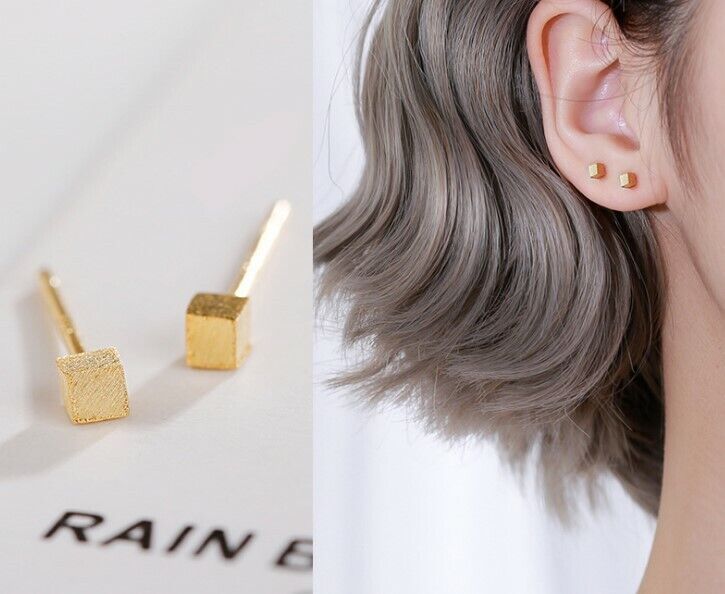 3mm Tiny Brushed Cube Square Stud Earrings 925 Sterling Silver Gift PE18_voghion.com
