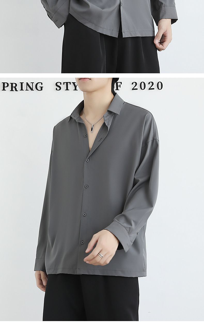Loose Äis Seid Drape Schwaarz Hemd, Laangärmlech Hierscht Trendy An Schéin Dk Jackett, Casual Männer Wäisst Hemd_voghion.com