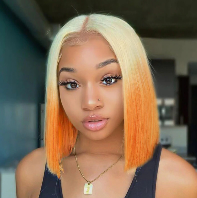 Perruque synthétique nouvelle perruque teinte femmes Bobo vague tête lumière or dégradé Orange cheveux courts raides bandeau en fibres chimiques_voghion.com