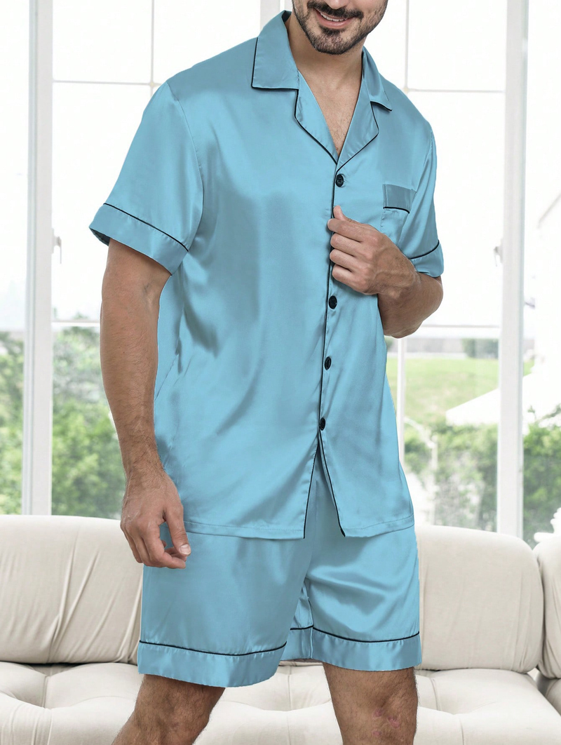 Grenzgrenzend europäesch Männer grouss Gréisst locker Heem Kleeder Summer Männer breathable dënn kuerz Ärmelen Shorts Äis Seid Pyjamas Set_voghion.com