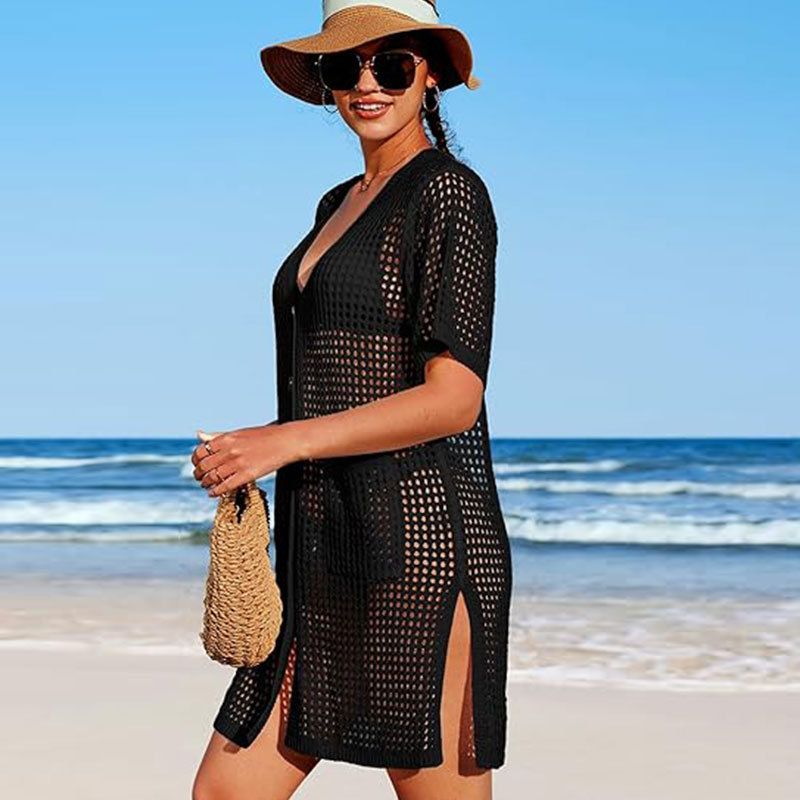 Strandüberzug aus Spitze und Strick mit kurzen Ärmeln für Damen – leichtes, sonnenschützendes Bademoden-Überkleid für Urlaub, Pool und Sommerausflüge_voghion.com