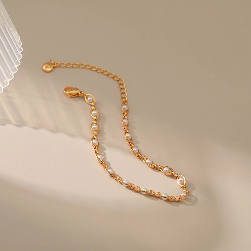 Brass Plated K Real Gold Small Jewelry Synthetic Pearl Bracelet Elegant Ins Style Textured Hand Jewelry_voghion.com
